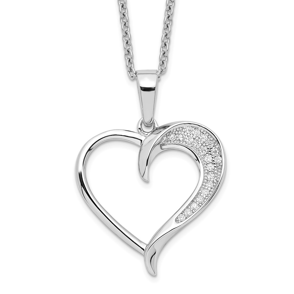 925 Sterling Silver 21 Stone 18" Micro Pave Cz Polished Heart Necklace 2" Ext